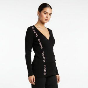 Bebe Black Knit Long Sleeve Wrap Logo Print Sweater NEW 1X
